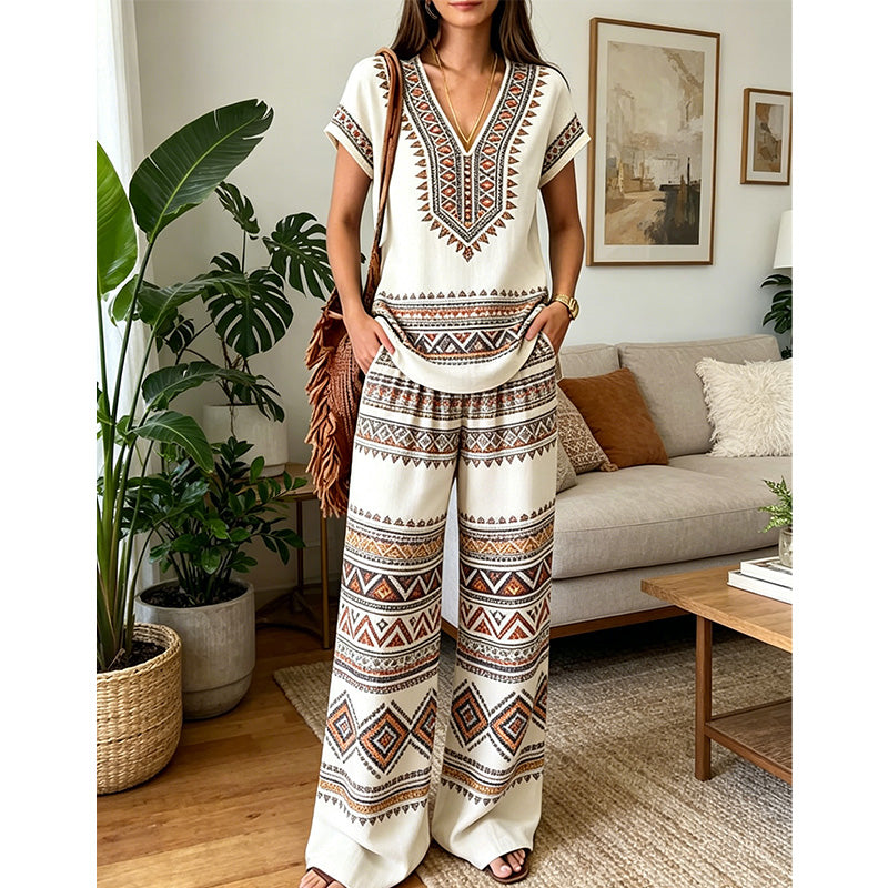 👗 50% DE DESCONTO POR TEMPO LIMITADO! ✨ Conjunto de blusa e calça estampadas para mulheres – Estampas boho, corte folgado, pronto para as férias 🌴