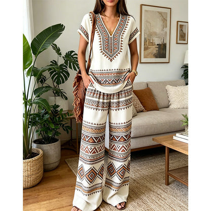 👗 50% DE DESCONTO POR TEMPO LIMITADO! ✨ Conjunto de blusa e calça estampadas para mulheres – Estampas boho, corte folgado, pronto para as férias 🌴
