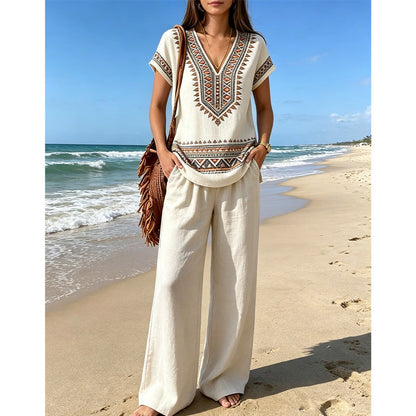 👗 50% DE DESCONTO POR TEMPO LIMITADO! ✨ Conjunto de blusa e calça estampadas para mulheres – Estampas boho, corte folgado, pronto para as férias 🌴