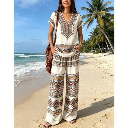 👗 50% DE DESCONTO POR TEMPO LIMITADO! ✨ Conjunto de blusa e calça estampadas para mulheres – Estampas boho, corte folgado, pronto para as férias 🌴
