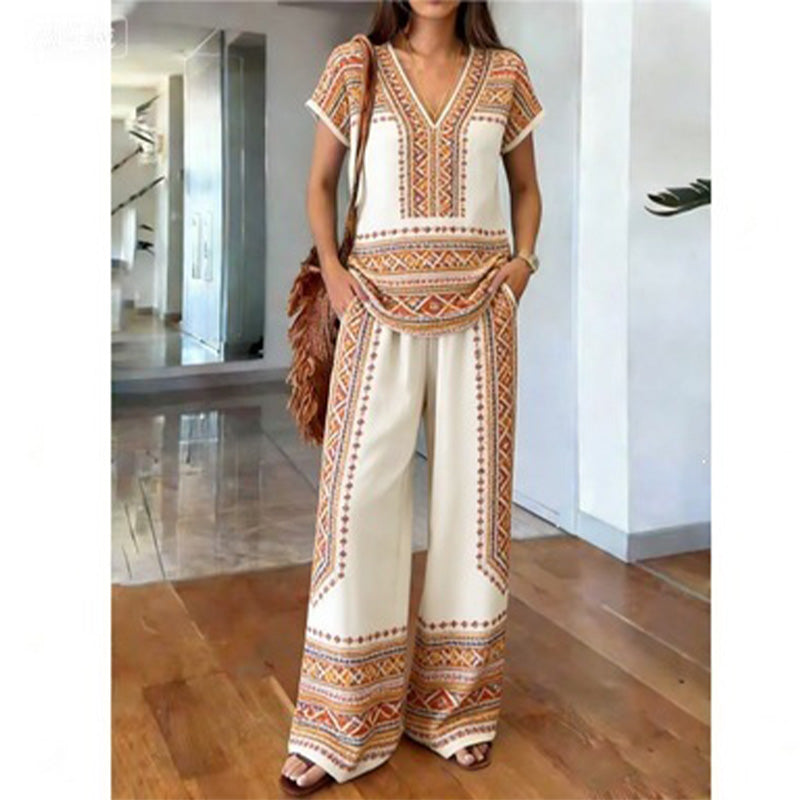 👗 50% DE DESCONTO POR TEMPO LIMITADO! ✨ Conjunto de blusa e calça estampadas para mulheres – Estampas boho, corte folgado, pronto para as férias 🌴