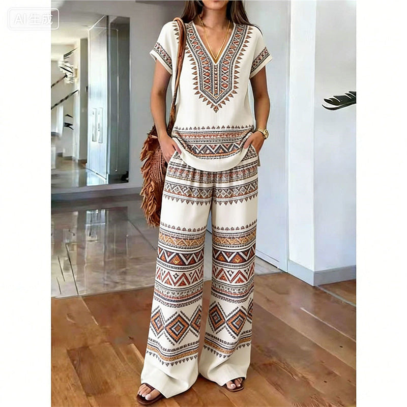 👗 50% DE DESCONTO POR TEMPO LIMITADO! ✨ Conjunto de blusa e calça estampadas para mulheres – Estampas boho, corte folgado, pronto para as férias 🌴