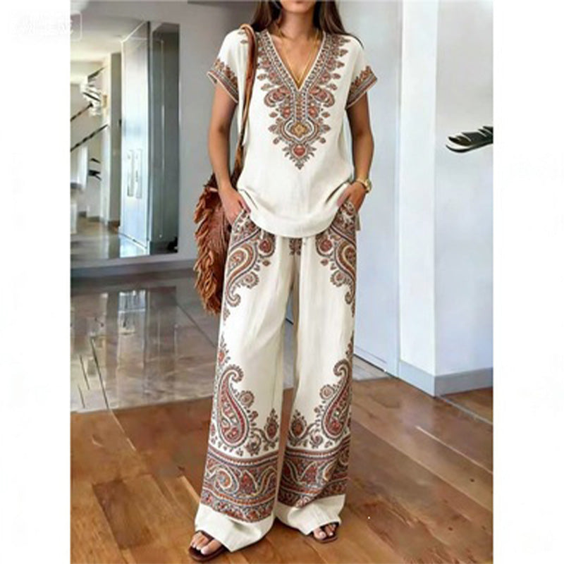 👗 50% DE DESCONTO POR TEMPO LIMITADO! ✨ Conjunto de blusa e calça estampadas para mulheres – Estampas boho, corte folgado, pronto para as férias 🌴
