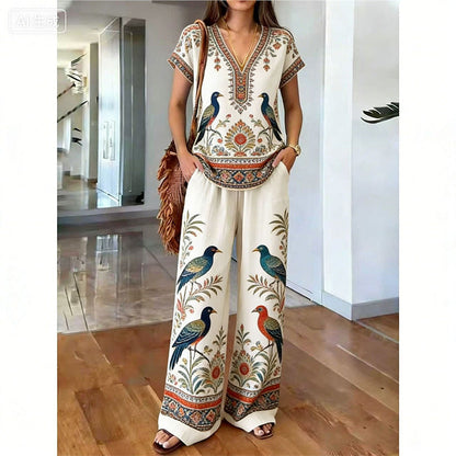 👗 50% DE DESCONTO POR TEMPO LIMITADO! ✨ Conjunto de blusa e calça estampadas para mulheres – Estampas boho, corte folgado, pronto para as férias 🌴