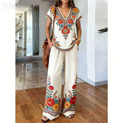 👗 50% DE DESCONTO POR TEMPO LIMITADO! ✨ Conjunto de blusa e calça estampadas para mulheres – Estampas boho, corte folgado, pronto para as férias 🌴