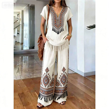 👗 50% DE DESCONTO POR TEMPO LIMITADO! ✨ Conjunto de blusa e calça estampadas para mulheres – Estampas boho, corte folgado, pronto para as férias 🌴