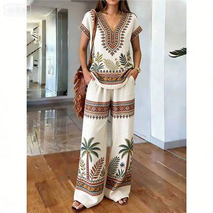 👗 50% DE DESCONTO POR TEMPO LIMITADO! ✨ Conjunto de blusa e calça estampadas para mulheres – Estampas boho, corte folgado, pronto para as férias 🌴