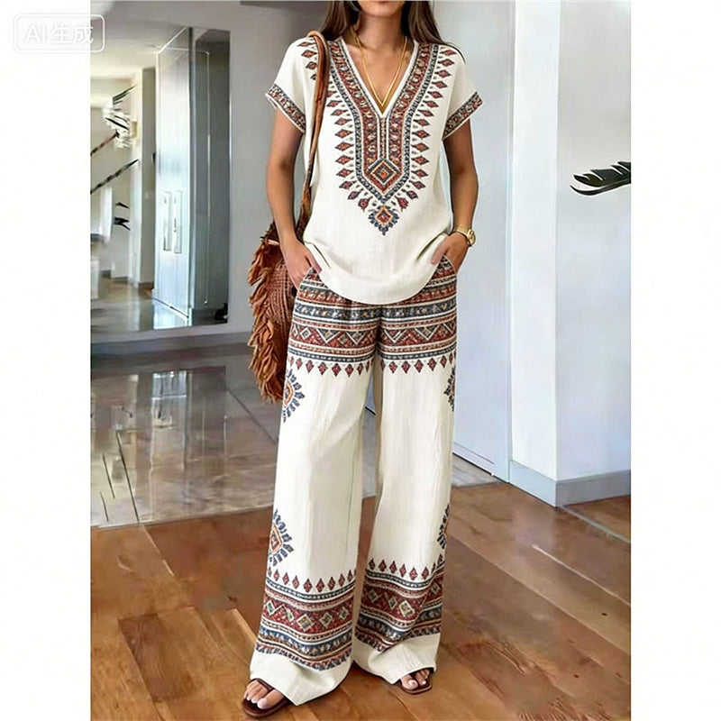 👗 50% DE DESCONTO POR TEMPO LIMITADO! ✨ Conjunto de blusa e calça estampadas para mulheres – Estampas boho, corte folgado, pronto para as férias 🌴