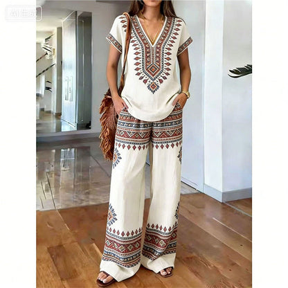 👗 50% DE DESCONTO POR TEMPO LIMITADO! ✨ Conjunto de blusa e calça estampadas para mulheres – Estampas boho, corte folgado, pronto para as férias 🌴
