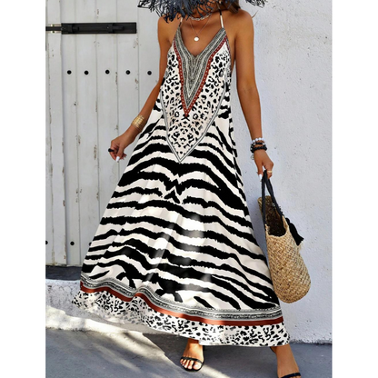 ✨🐆 Vestido boêmio longo com estampa selvagem zebra e leopardo elegante e impactante