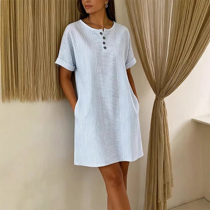 ✨👗 Vestido listrado feminino leve e elegante com bolsos para conforto diário