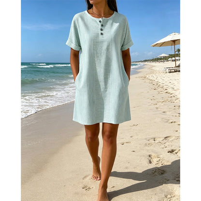 ✨👗 Vestido listrado feminino leve e elegante com bolsos para conforto diário