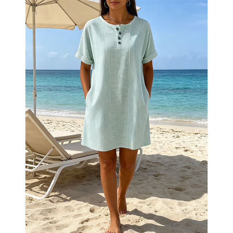 ✨👗 Vestido listrado feminino leve e elegante com bolsos para conforto diário
