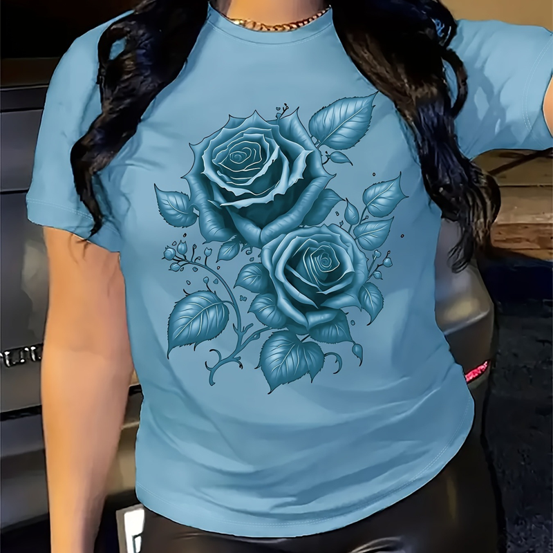 ✨👕 Camiseta feminina estampada rosas elegante confortável e estilosa para o dia a dia