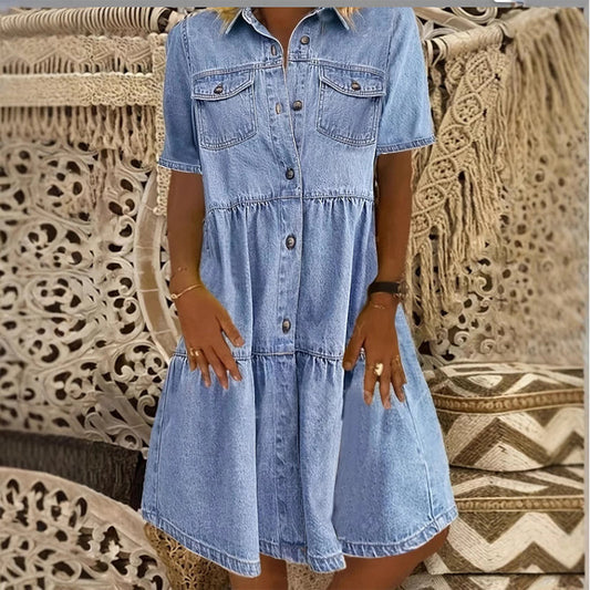 ✨👗 Vestido midi jeans feminino elegante e confortável para o verão