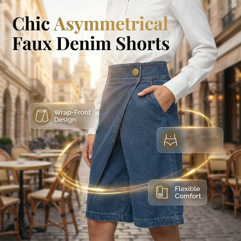 👖✨ Shorts jeans feminino assimétrico de cintura média-alta que valoriza a silhueta com estilo moderno
