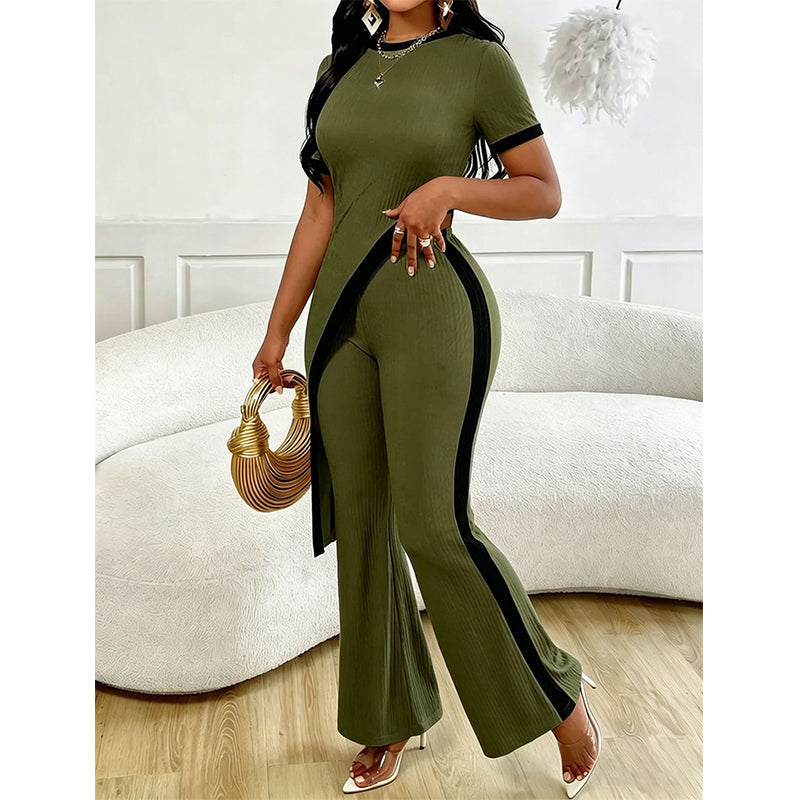 ✨👗 Conjunto feminino 2 peças canelado elegante com calça flare moderno e estiloso