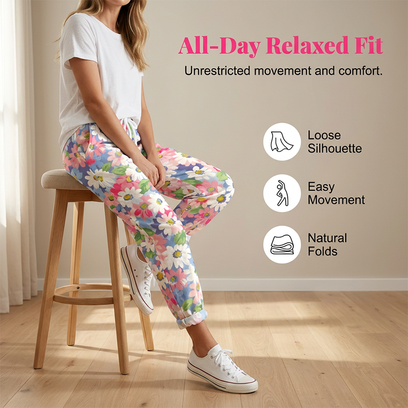 🌸👖 Calça feminina casual com estampa floral vibrante e cintura ajustável confortável
