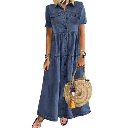 ✨👗 Vestido maxi jeans vintage feminino – elegante, confortável e versátil