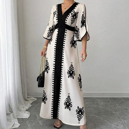 ✨👗 Vestido longo estampado feminino elegante decote em V confortável e sofisticado