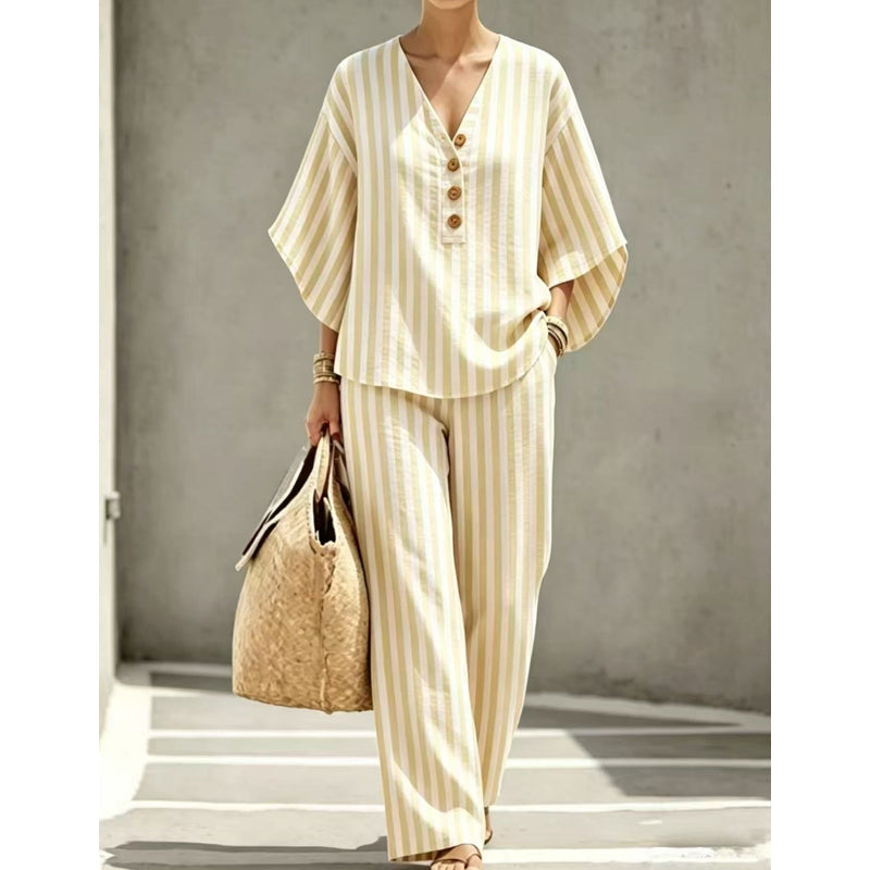 🌿👗 Conjunto feminino listrado de linho 2 peças – leve, elegante e confortável