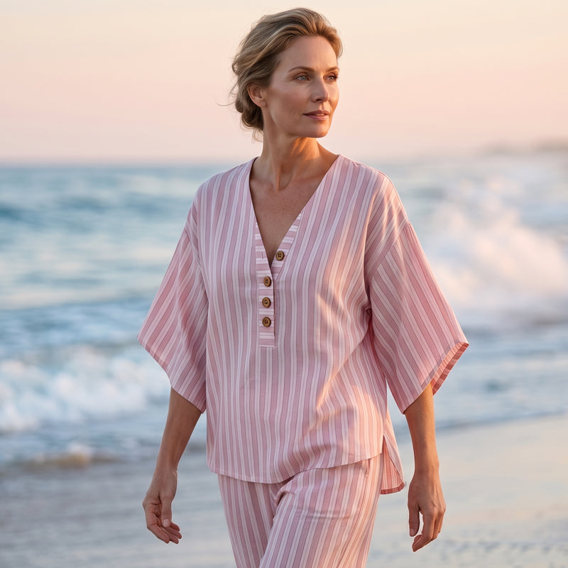 🌿👗 Conjunto feminino listrado de linho 2 peças – leve, elegante e confortável