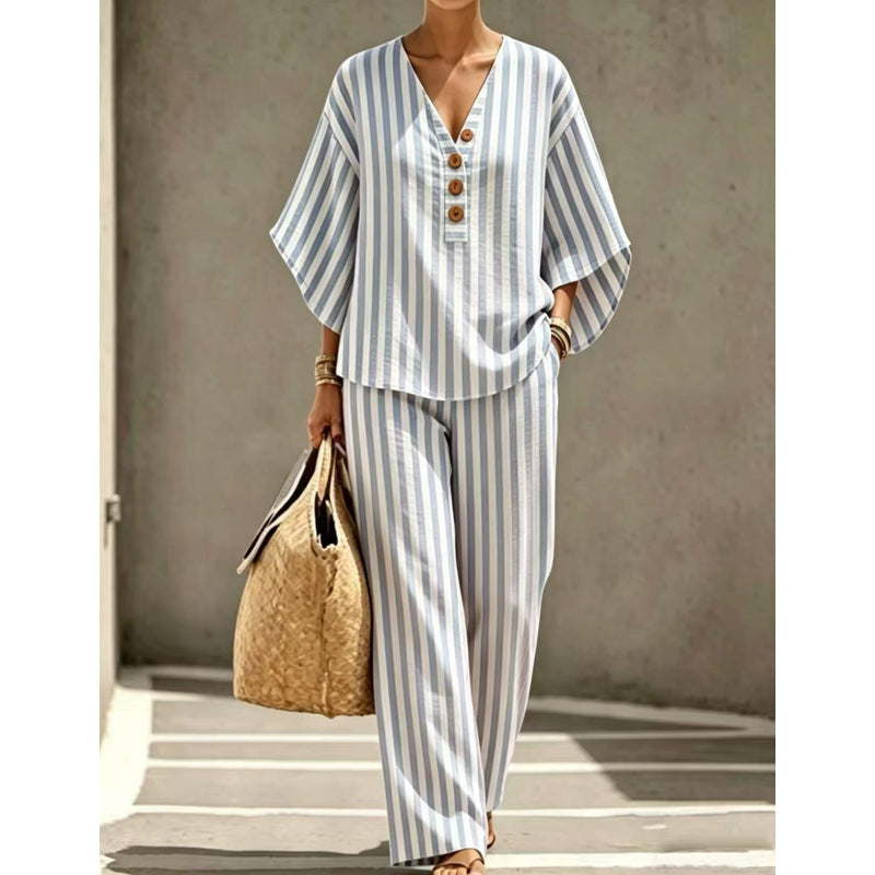 🌿👗 Conjunto feminino listrado de linho 2 peças – leve, elegante e confortável