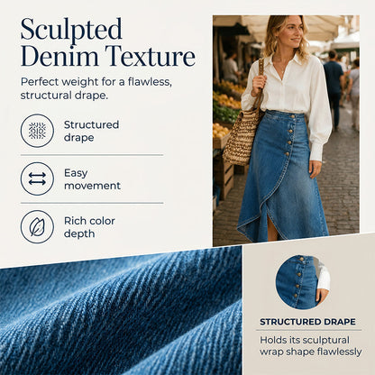 👖✨ Saia jeans feminina cintura alta – corte irregular moderno e estiloso