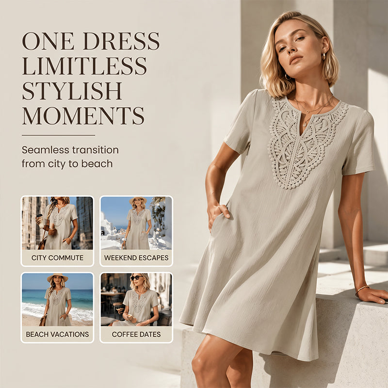 💥✨מבצע מיוחד של 50% הנחה לזמן מוגבל👗שמלת טי-שירט תחרה בוהמית עם צווארון וי לנשים – שיק קיץ ללא מאמץ✨