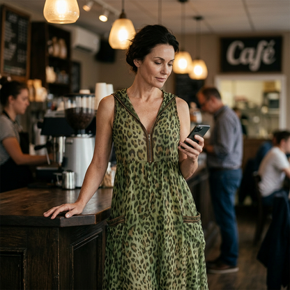 🐆👗 Vestido longo de oncinha verão praia – leve, elegante e confortável