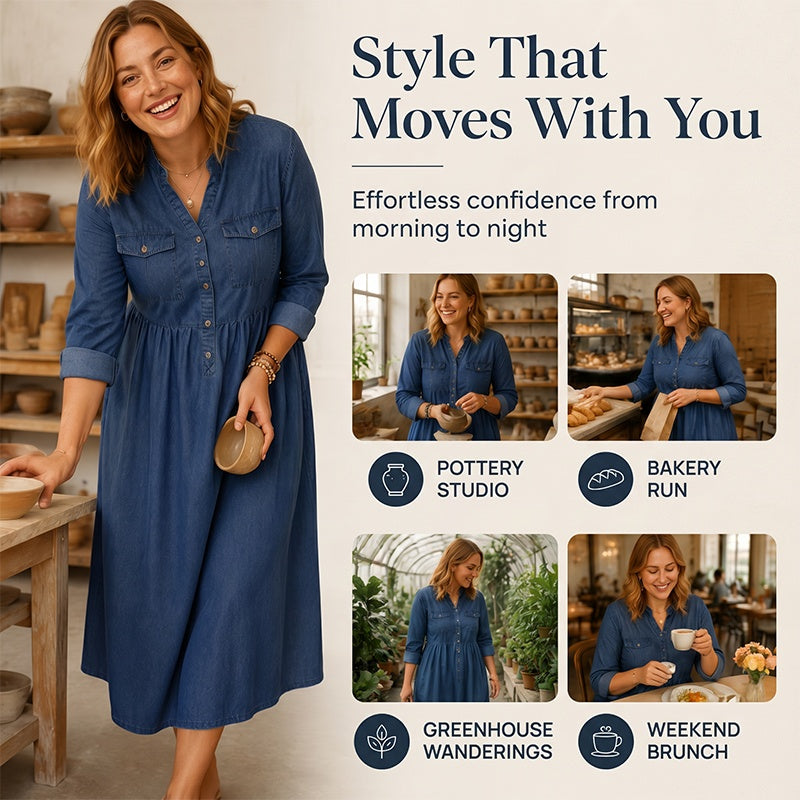 👗💙 Vestido longo jeans plus size com botões – conforto e estilo para todas as ocasiões
