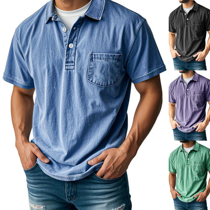 Camisa casual masculina de manga curta, estilo retrô, com lapela, botões na frente e bolso