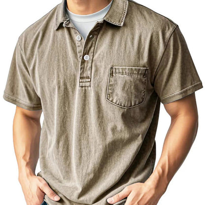 Camisa casual masculina de manga curta, estilo retrô, com lapela, botões na frente e bolso