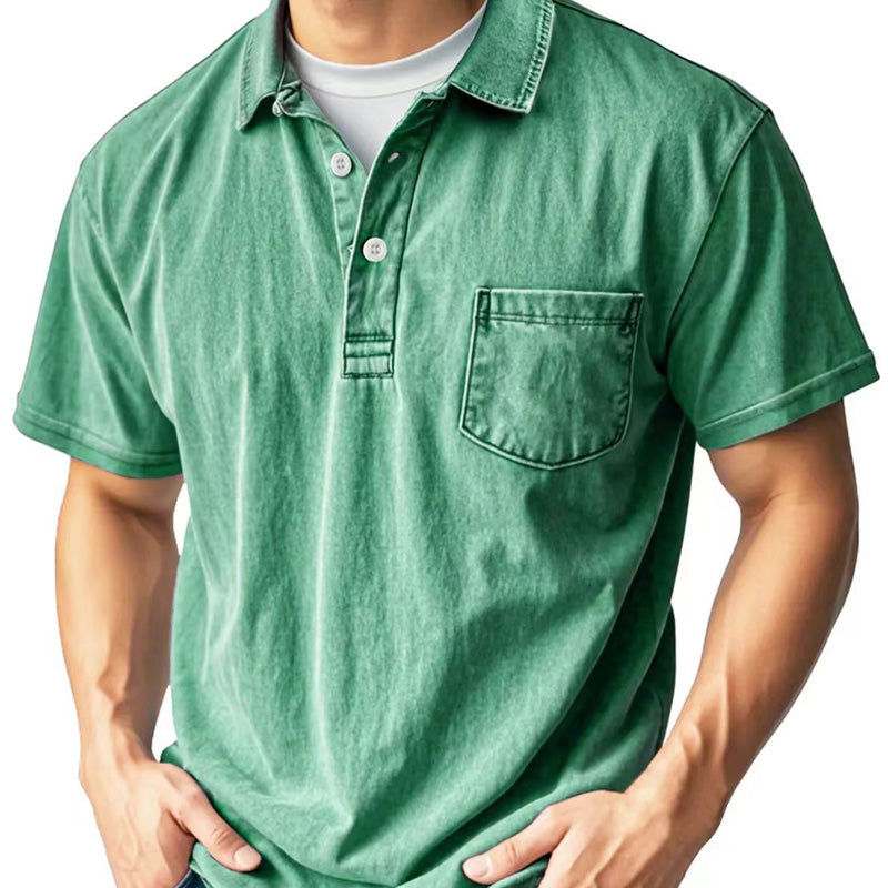 Camisa casual masculina de manga curta, estilo retrô, com lapela, botões na frente e bolso