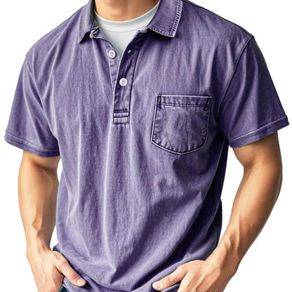 Camisa casual masculina de manga curta, estilo retrô, com lapela, botões na frente e bolso
