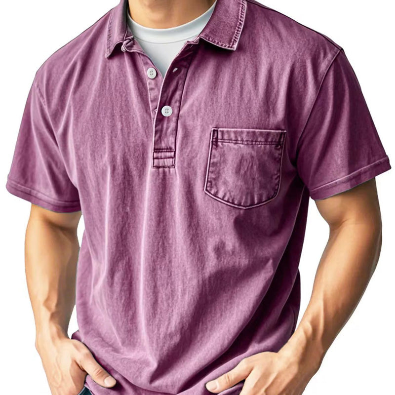 Camisa casual masculina de manga curta, estilo retrô, com lapela, botões na frente e bolso