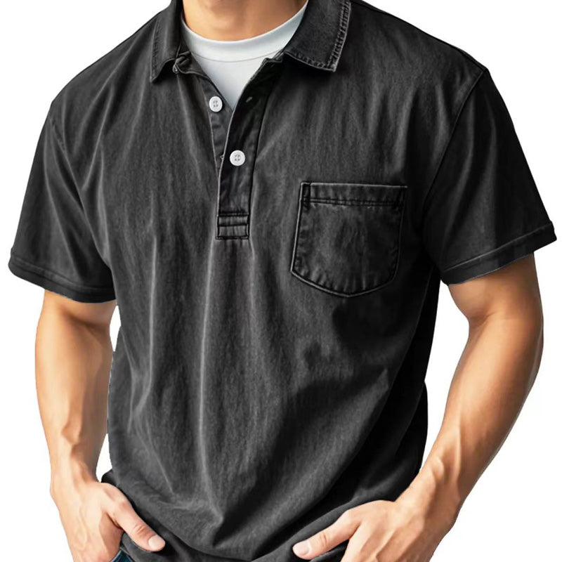 Camisa casual masculina de manga curta, estilo retrô, com lapela, botões na frente e bolso