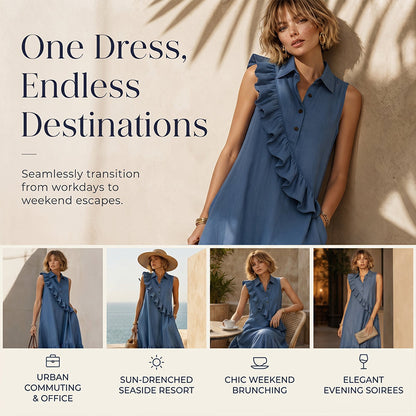 🔥Promoções de verão — Vestido feminino de verão sem mangas com babado na frente
