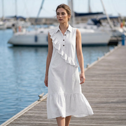 🔥Promoções de verão — Vestido feminino de verão sem mangas com babado na frente