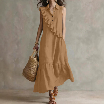 🔥Promoções de verão — Vestido feminino de verão sem mangas com babado na frente