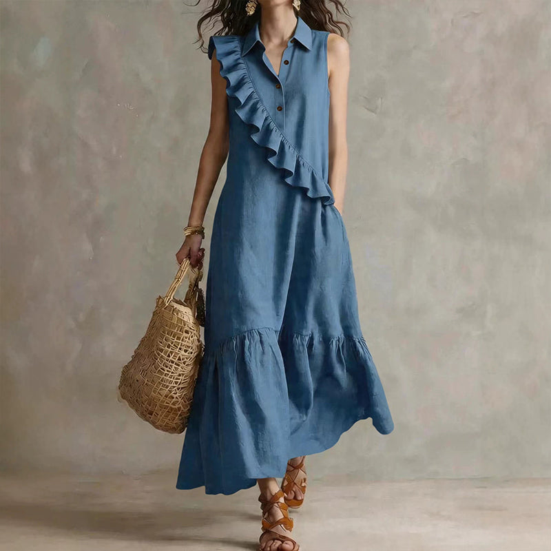 🔥Promoções de verão — Vestido feminino de verão sem mangas com babado na frente