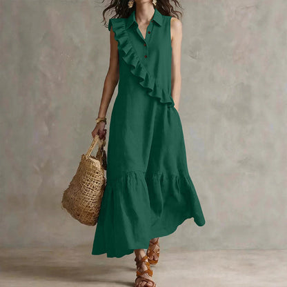 🔥Promoções de verão — Vestido feminino de verão sem mangas com babado na frente