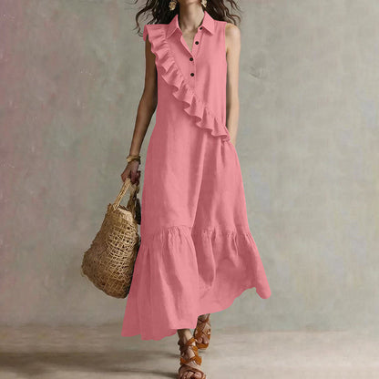🔥Promoções de verão — Vestido feminino de verão sem mangas com babado na frente