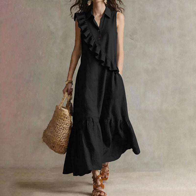 🔥Promoções de verão — Vestido feminino de verão sem mangas com babado na frente