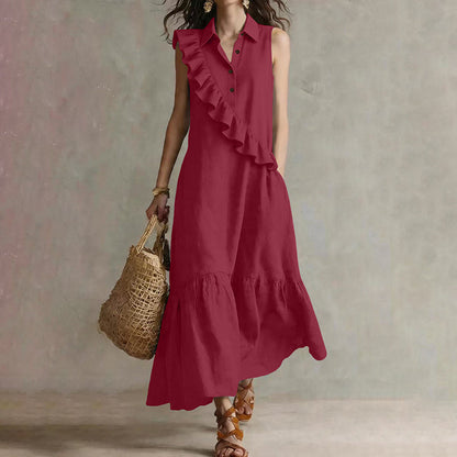 🔥Promoções de verão — Vestido feminino de verão sem mangas com babado na frente