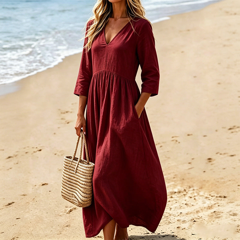 ⌛50% de desconto por tempo limitado-Vestido longo feminino com decote em V e mangas 3/4