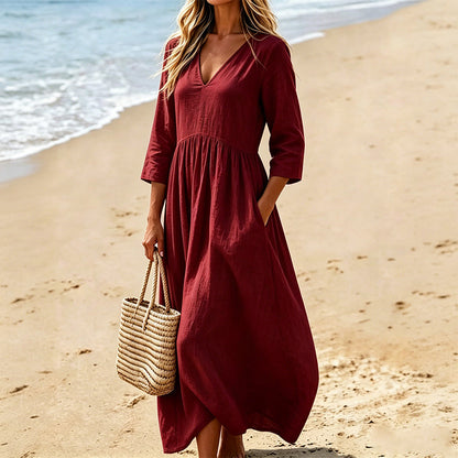 ⌛50% de desconto por tempo limitado-Vestido longo feminino com decote em V e mangas 3/4