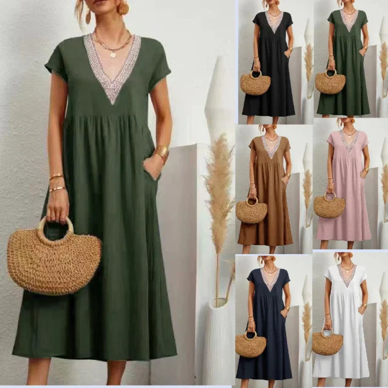 ⌛Promoção por tempo limitado-Vestido feminino elegante, com decote em V, manga curta e corte solto