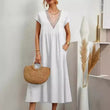 ⌛Promoção por tempo limitado-Vestido feminino elegante, com decote em V, manga curta e corte solto