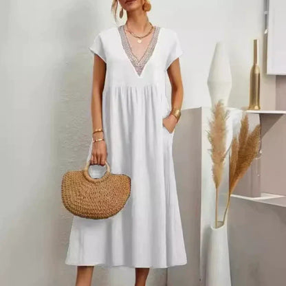 ⌛Promoção por tempo limitado-Vestido feminino elegante, com decote em V, manga curta e corte solto